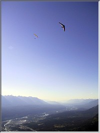 A Paraglider and Hang Glider climb out in evening lift
